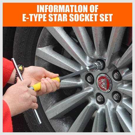 HORUSDY 11-piece E-type star socket set with chrome vanadium construction, 1/4” and 3/8” drive, organized on metal rail for automotive and mechanical work.