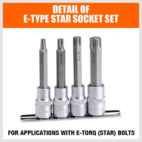 HORUSDY 11-piece E-type star socket set with chrome vanadium construction, 1/4” and 3/8” drive, organized on metal rail for automotive and mechanical work.