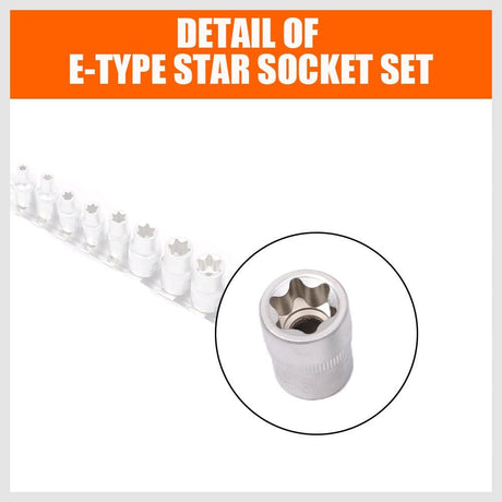 HORUSDY 11-piece E-type star socket set with chrome vanadium construction, 1/4” and 3/8” drive, organized on metal rail for automotive and mechanical work.