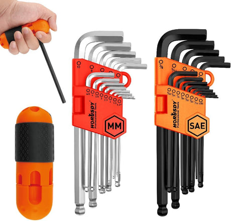 HORUSDY 27-piece ball end hex key set, SAE and metric sizes, long arm Allen wrenches with T-handle, S2 steel