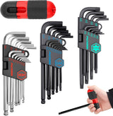 36-piece long arm ball end hex key and star wrench set with color-coded holders, T-handle driver, and organized storage pouch for bike, car, and home tool use.