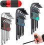 36-piece long arm ball end hex key and star wrench set with color-coded holders, T-handle driver, and organized storage pouch for bike, car, and home tool use.