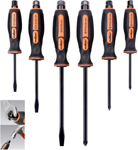 6-piece heavy duty industrial magnetic screwdriver set with center shaft, hex bolster, ergonomic handle and plastic storage bracket for workshop and home use.