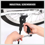 6-piece heavy duty industrial magnetic screwdriver set with center shaft, hex bolster, ergonomic handle and plastic storage bracket for workshop and home use.