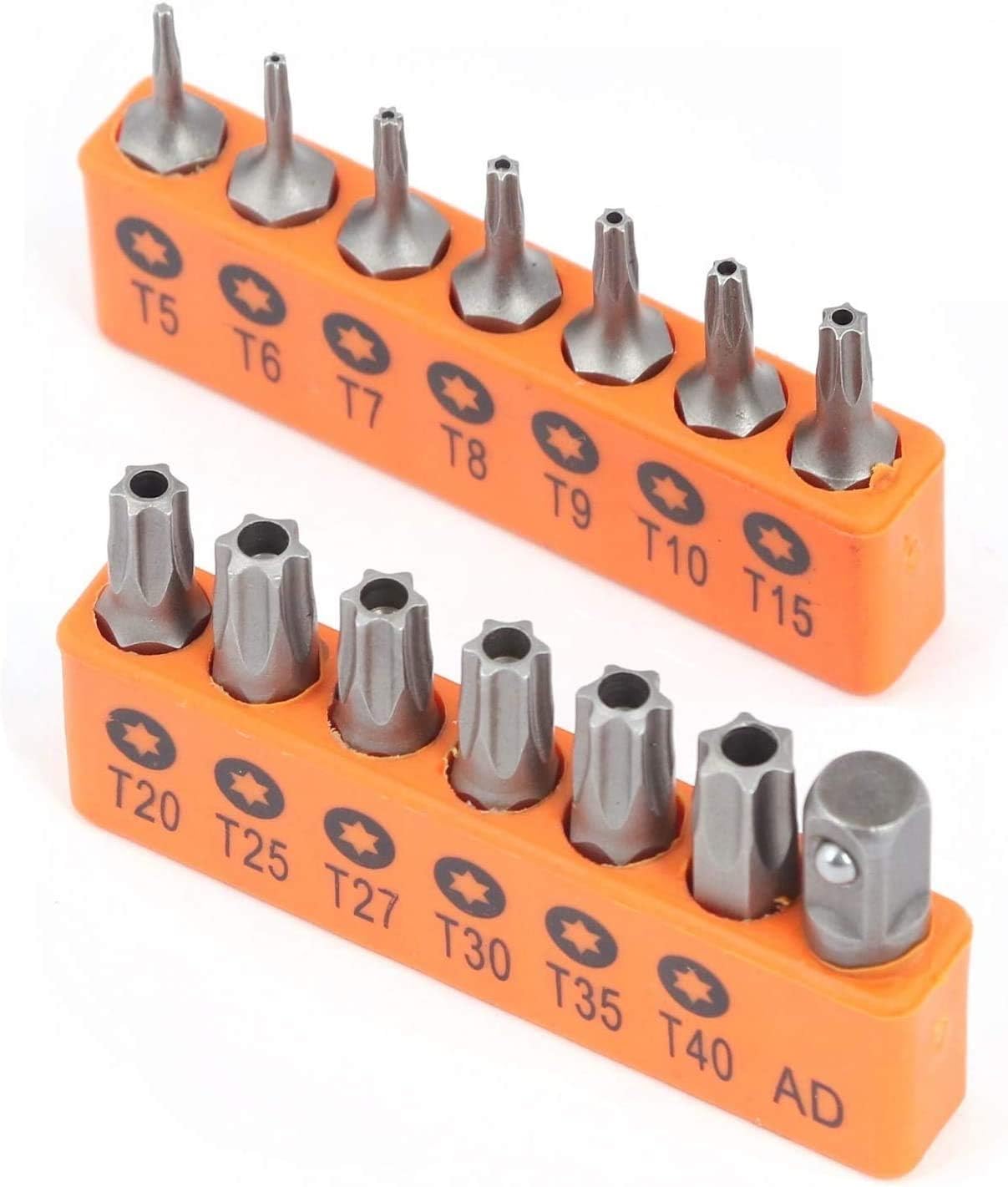 HORUSDY 14-piece S2 steel Torx bit set with short T5–T40 bits and 1/4” adapter, ideal for precision work on electronics, laptops, and appliances.