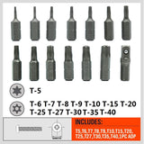 HORUSDY 14-piece S2 steel Torx bit set with short T5–T40 bits and 1/4” adapter, ideal for precision work on electronics, laptops, and appliances.