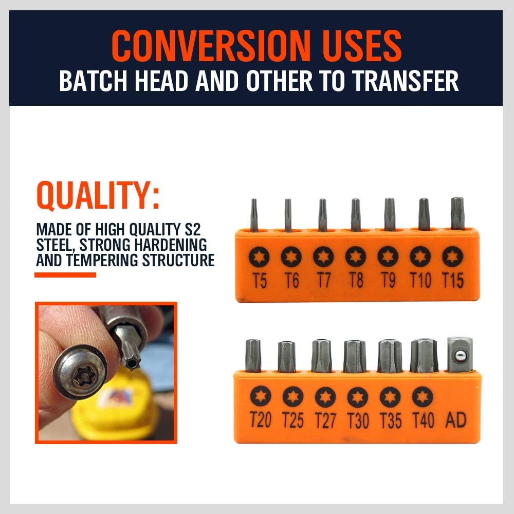 HORUSDY 14-piece S2 steel Torx bit set with short T5–T40 bits and 1/4” adapter, ideal for precision work on electronics, laptops, and appliances.