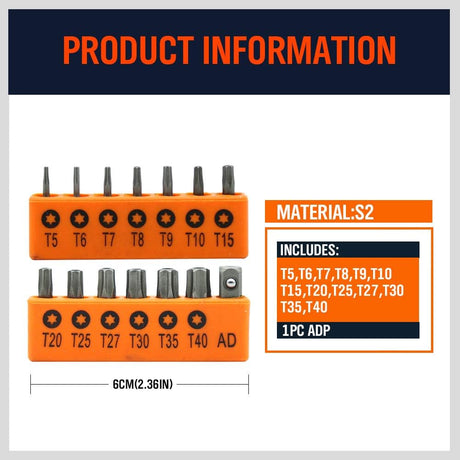 HORUSDY 14-piece S2 steel Torx bit set with short T5–T40 bits and 1/4” adapter, ideal for precision work on electronics, laptops, and appliances.