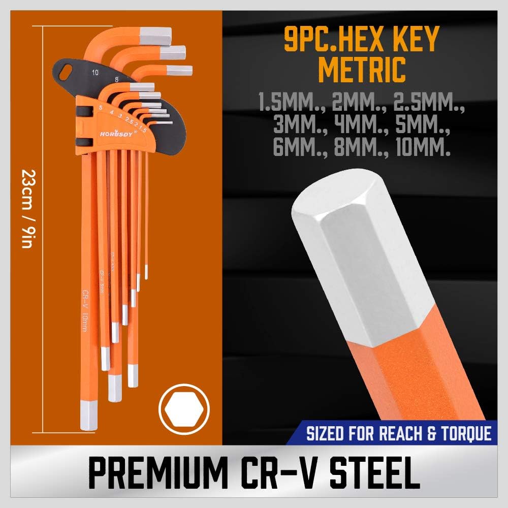HORUSDY 37-piece long arm ball end hex key and star wrench set, color coded, CR-V steel, metric SAE and Torx sizes