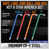 HORUSDY 37-piece long arm ball end hex key and star wrench set, color coded, CR-V steel, metric SAE and Torx sizes