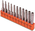 HORUSDY 11-piece S2 steel Torx screwdriver bit set with T7 to T40 sizes and 1/4-inch hex shank, ideal for precision fastener driving and automotive repair.