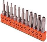 HORUSDY 11-piece S2 steel Torx screwdriver bit set with T7 to T40 sizes and 1/4-inch hex shank, ideal for precision fastener driving and automotive repair.