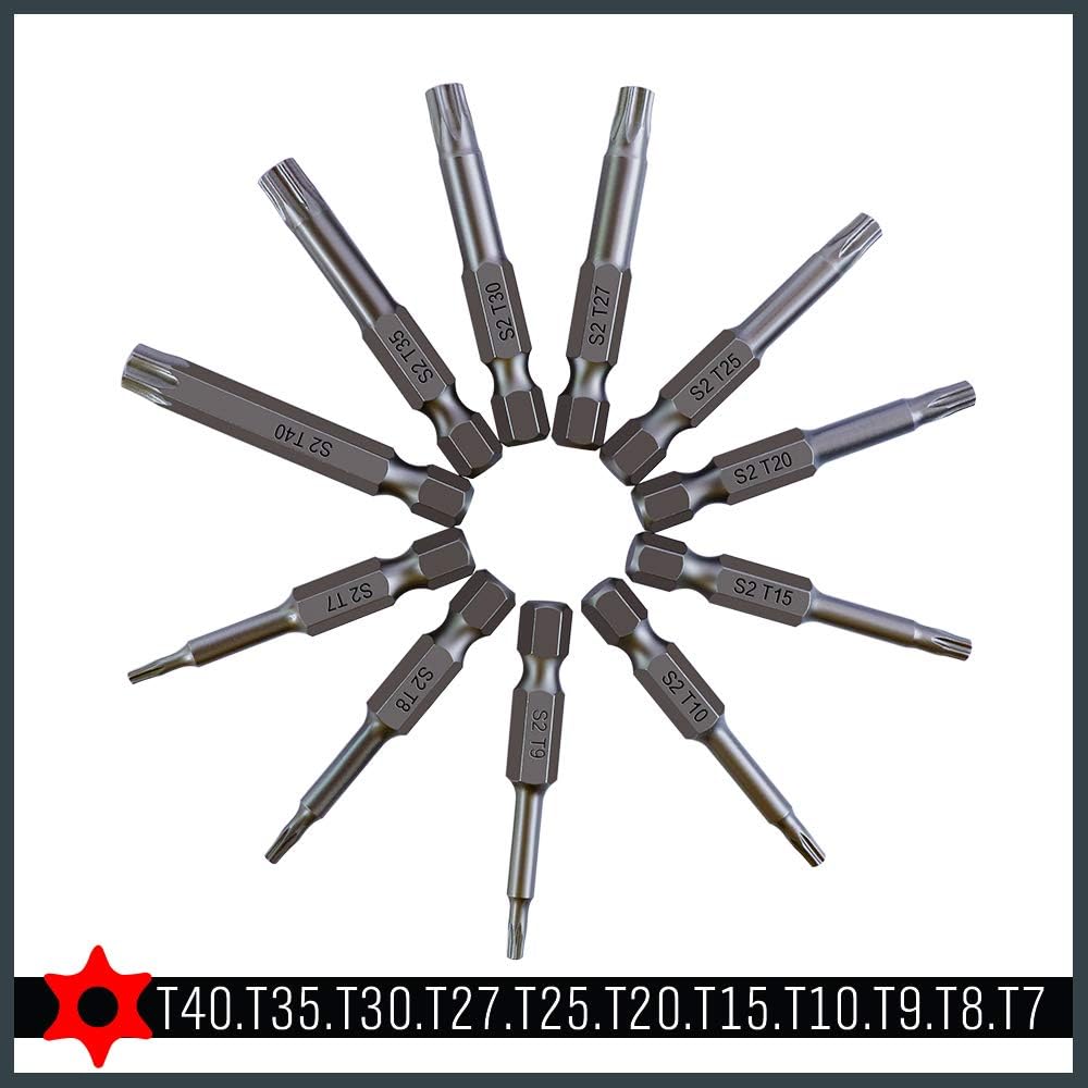 HORUSDY 11-piece S2 steel Torx screwdriver bit set with T7 to T40 sizes and 1/4-inch hex shank, ideal for precision fastener driving and automotive repair.