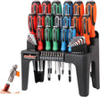 HORUSDY 44-piece hammer-thru screwdriver set with magnetic bits, color-coded handles, hex keys, CR-V steel blades, and storage rack