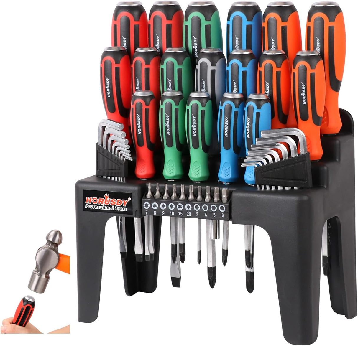 HORUSDY 44-piece hammer-thru screwdriver set with magnetic bits, color-coded handles, hex keys, CR-V steel blades, and storage rack