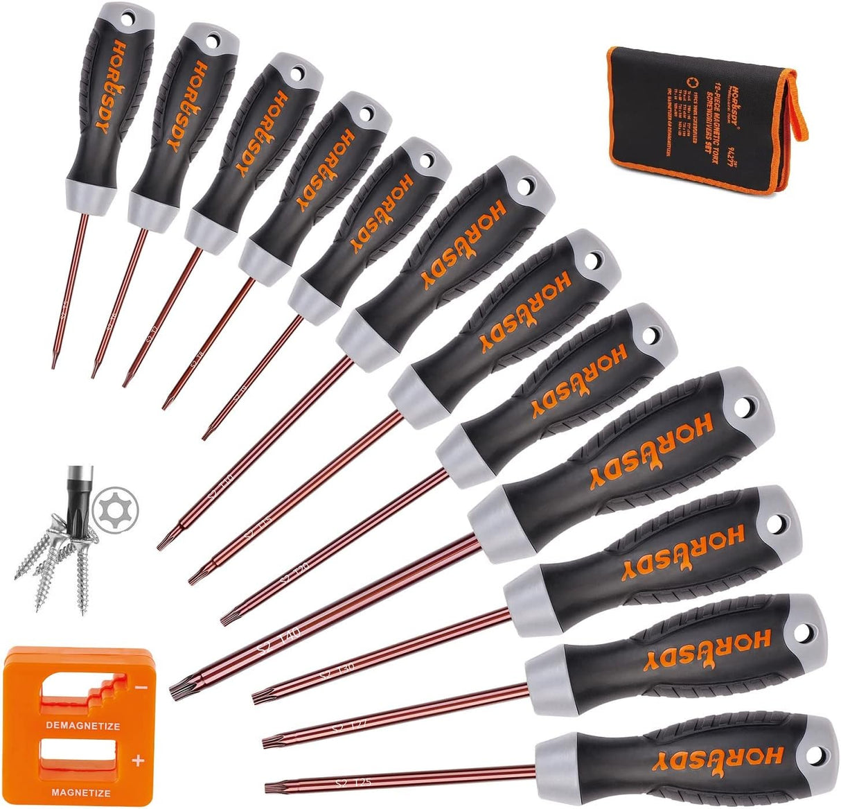 HORUSDY 13-piece magnetic Torx screwdriver set with ergonomic handles, S2 steel shafts, and demagnetizer tool