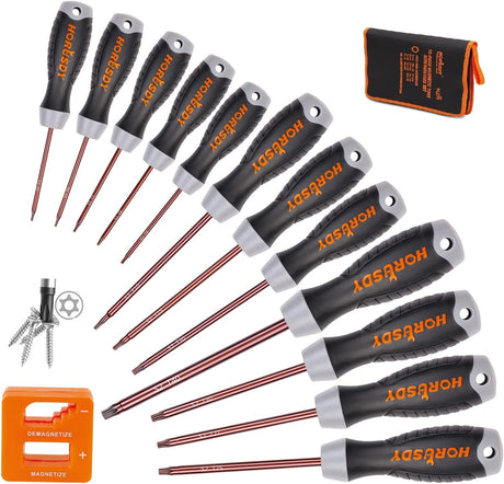 HORUSDY 13-piece magnetic Torx screwdriver set with ergonomic handles, S2 steel shafts, and demagnetizer tool