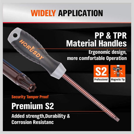 HORUSDY 13-piece magnetic Torx screwdriver set with ergonomic handles, S2 steel shafts, and demagnetizer tool