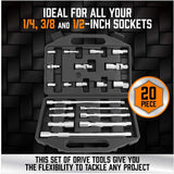 HORUSDY 20-piece socket drive accessory kit with extensions, adapters, and joints for 1/4", 3/8", 1/2" drive sizes in carry case
