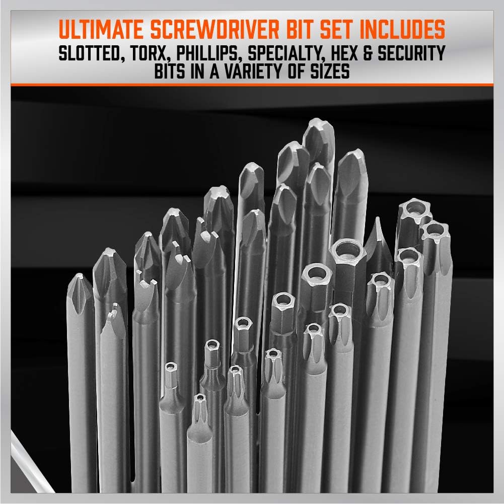 32-piece extra long screwdriver bit set with 6-inch S2 steel bits and orange organizer, including Torx, Phillips, Slotted, Hex, and tamperproof security tips.