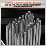 32-piece extra long screwdriver bit set with 6-inch S2 steel bits and orange organizer, including Torx, Phillips, Slotted, Hex, and tamperproof security tips.