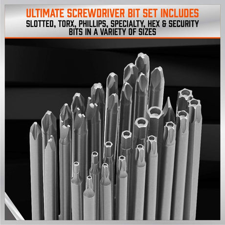 32-piece extra long screwdriver bit set with 6-inch S2 steel bits and orange organizer, including Torx, Phillips, Slotted, Hex, and tamperproof security tips.