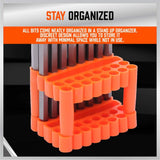 32-piece extra long screwdriver bit set with 6-inch S2 steel bits and orange organizer, including Torx, Phillips, Slotted, Hex, and tamperproof security tips.