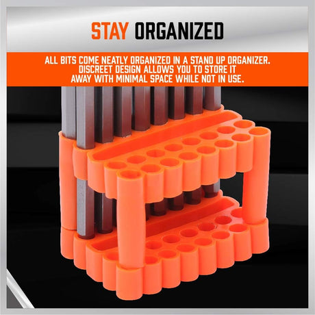 32-piece extra long screwdriver bit set with 6-inch S2 steel bits and orange organizer, including Torx, Phillips, Slotted, Hex, and tamperproof security tips.