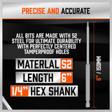 32-piece extra long screwdriver bit set with 6-inch S2 steel bits and orange organizer, including Torx, Phillips, Slotted, Hex, and tamperproof security tips.