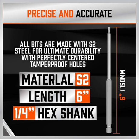 32-piece extra long screwdriver bit set with 6-inch S2 steel bits and orange organizer, including Torx, Phillips, Slotted, Hex, and tamperproof security tips.