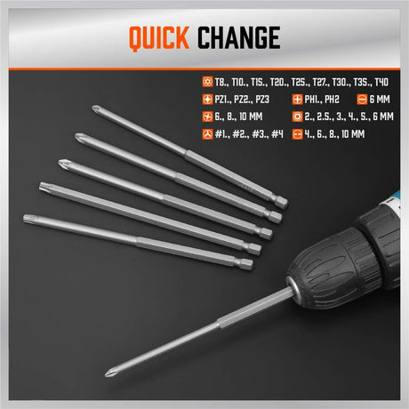 32-piece extra long screwdriver bit set with 6-inch S2 steel bits and orange organizer, including Torx, Phillips, Slotted, Hex, and tamperproof security tips.