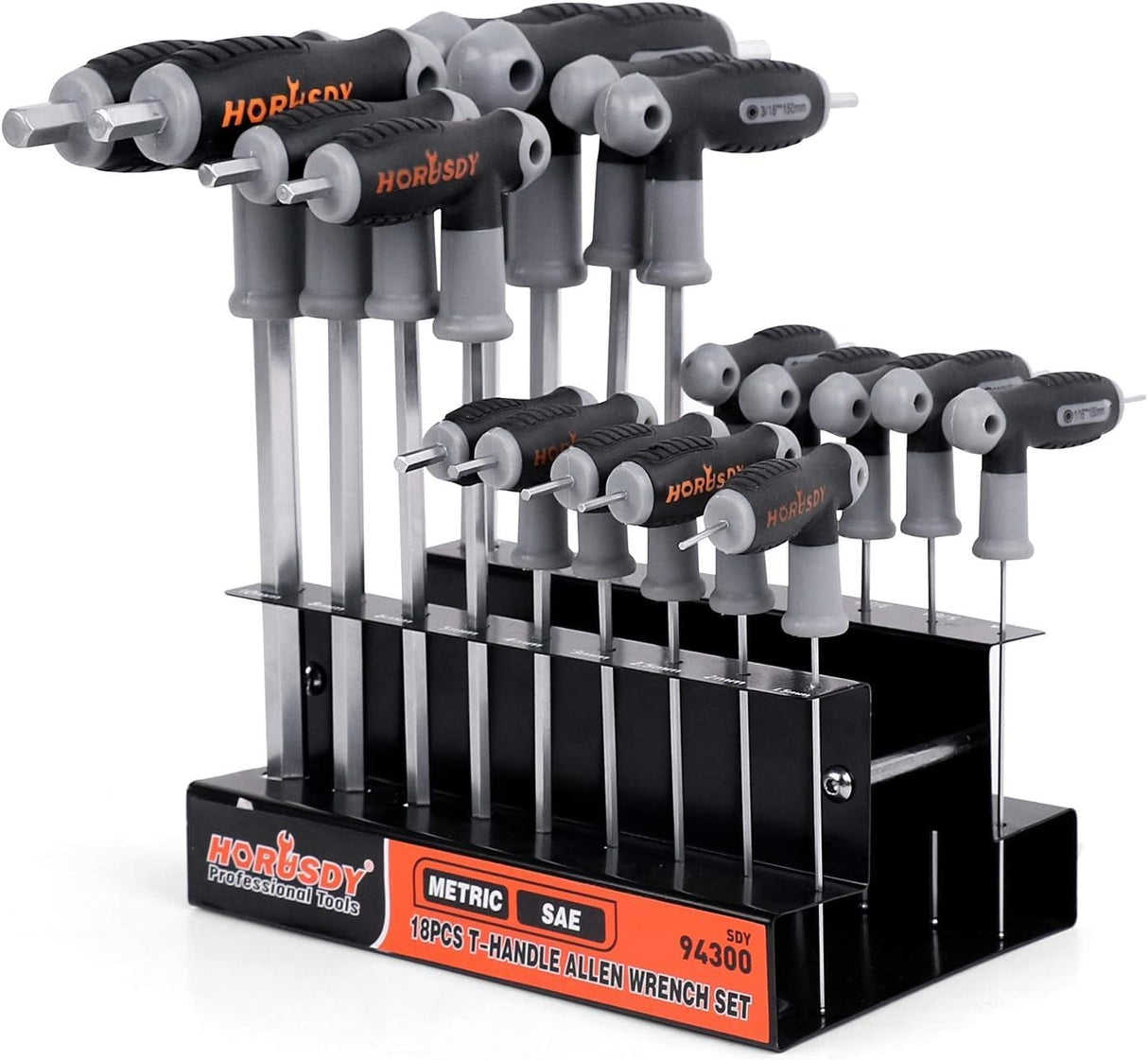 HORUSDY 18-piece T-handle hex key wrench set with ball ends and soft grip, includes metric and SAE sizes with storage rack