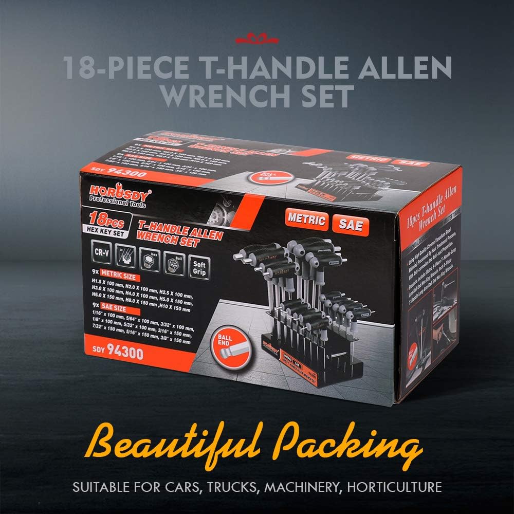 HORUSDY 18-piece T-handle hex key wrench set with ball ends and soft grip, includes metric and SAE sizes with storage rack
