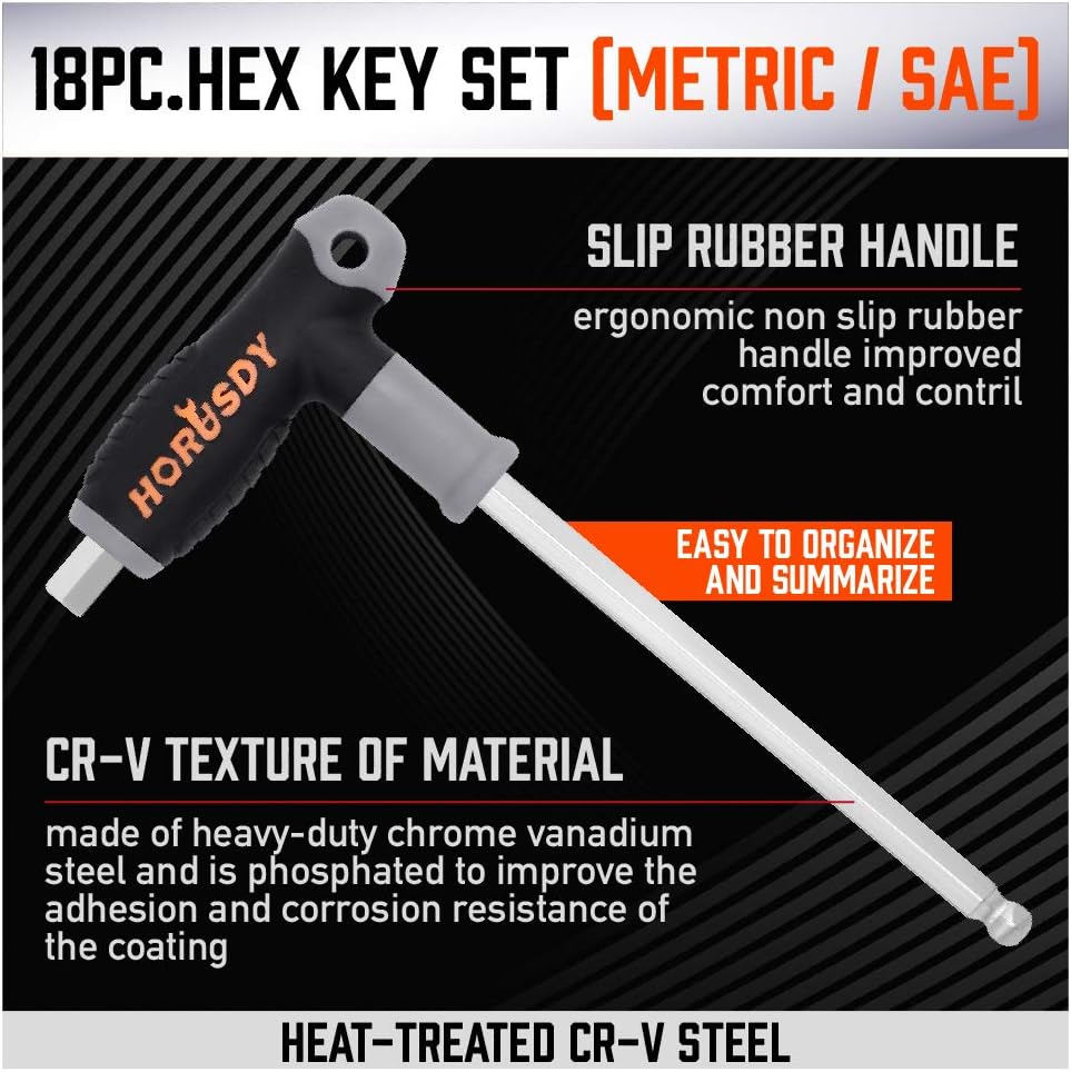HORUSDY 18-piece T-handle hex key wrench set with ball ends and soft grip, includes metric and SAE sizes with storage rack