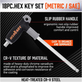 HORUSDY 18-piece T-handle hex key wrench set with ball ends and soft grip, includes metric and SAE sizes with storage rack