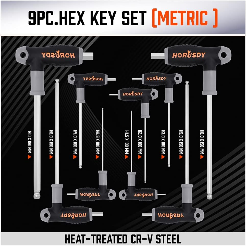 HORUSDY 18-piece T-handle hex key wrench set with ball ends and soft grip, includes metric and SAE sizes with storage rack