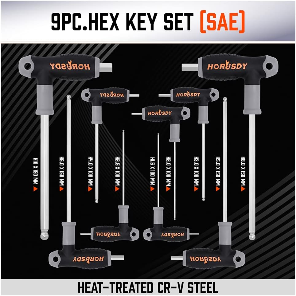 HORUSDY 18-piece T-handle hex key wrench set with ball ends and soft grip, includes metric and SAE sizes with storage rack