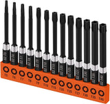 HORUSDY 13-piece magnetic Torx screwdriver bit set with 75mm long S2 steel bits from T5 to T40, compatible with drills and impact drivers for home or industrial use.