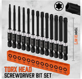 HORUSDY 13-piece magnetic Torx screwdriver bit set with 75mm long S2 steel bits from T5 to T40, compatible with drills and impact drivers for home or industrial use.