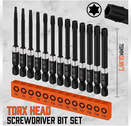 HORUSDY 13-piece magnetic Torx screwdriver bit set with 75mm long S2 steel bits from T5 to T40, compatible with drills and impact drivers for home or industrial use.