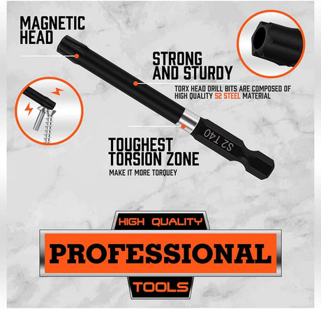 HORUSDY 13-piece magnetic Torx screwdriver bit set with 75mm long S2 steel bits from T5 to T40, compatible with drills and impact drivers for home or industrial use.