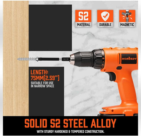HORUSDY 13-piece magnetic Torx screwdriver bit set with 75mm long S2 steel bits from T5 to T40, compatible with drills and impact drivers for home or industrial use.