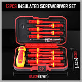 HORUSDY 13-piece insulated screwdriver set with magnetic tips, interchangeable blades, ergonomic handle, and 1000V voltage tester in red hard case