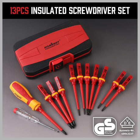 HORUSDY 13-piece insulated screwdriver set with magnetic tips, interchangeable blades, ergonomic handle, and 1000V voltage tester in red hard case