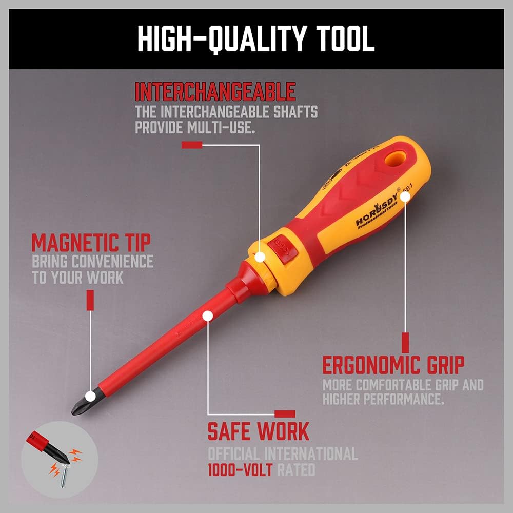 HORUSDY 13-piece insulated screwdriver set with magnetic tips, interchangeable blades, ergonomic handle, and 1000V voltage tester in red hard case