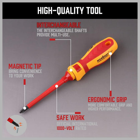 HORUSDY 13-piece insulated screwdriver set with magnetic tips, interchangeable blades, ergonomic handle, and 1000V voltage tester in red hard case