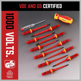 HORUSDY 13-piece insulated screwdriver set with magnetic tips, interchangeable blades, ergonomic handle, and 1000V voltage tester in red hard case