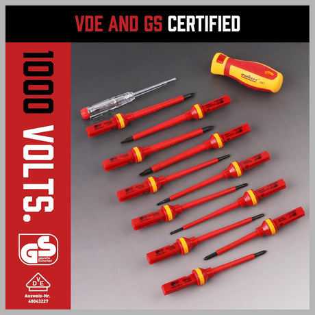 HORUSDY 13-piece insulated screwdriver set with magnetic tips, interchangeable blades, ergonomic handle, and 1000V voltage tester in red hard case