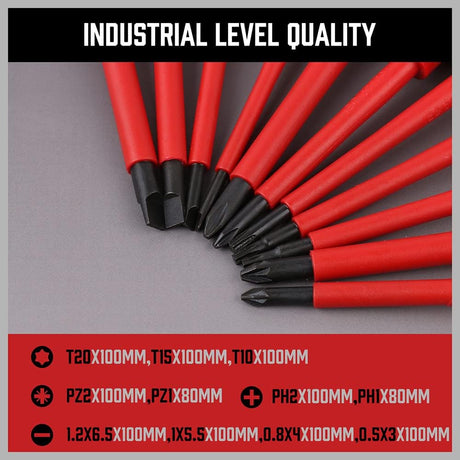 HORUSDY 13-piece insulated screwdriver set with magnetic tips, interchangeable blades, ergonomic handle, and 1000V voltage tester in red hard case