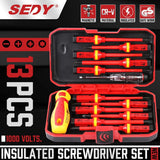 HORUSDY 13-piece insulated screwdriver set with magnetic tips, interchangeable blades, ergonomic handle, and 1000V voltage tester in red hard case